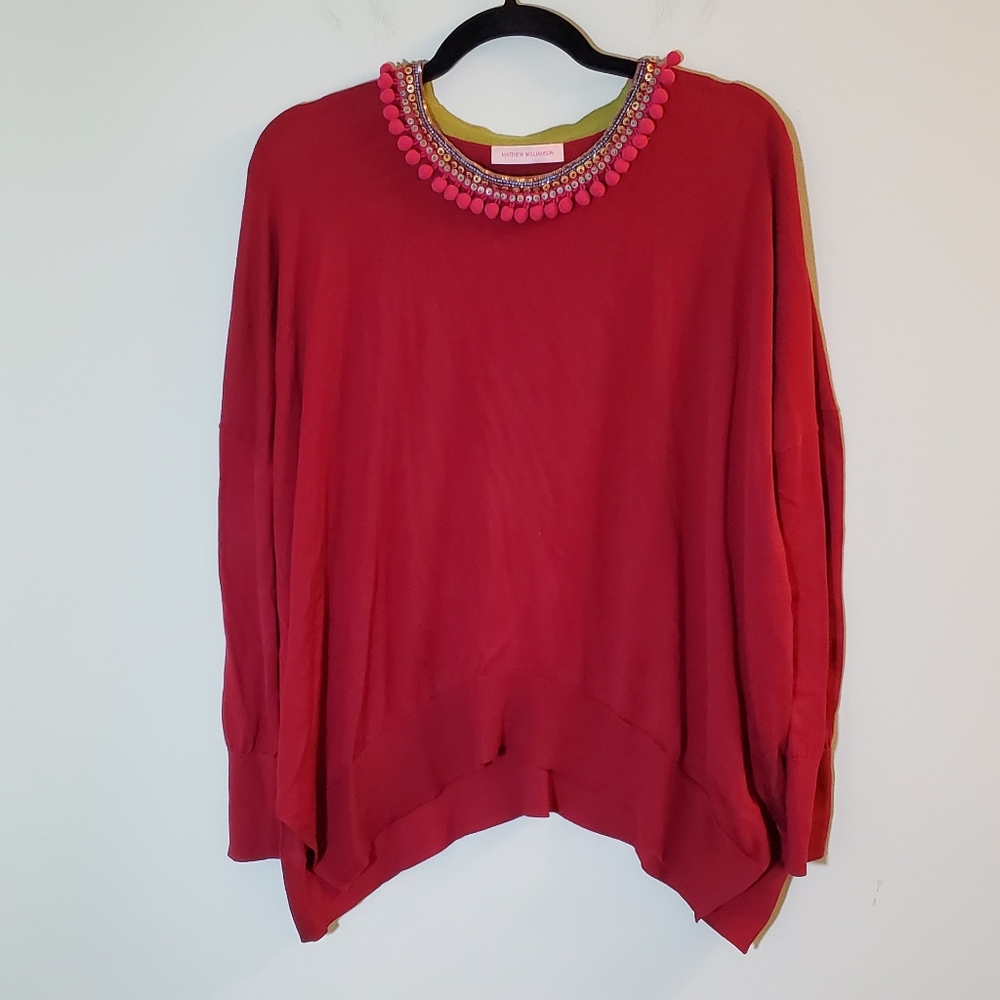Matthew Williamson Eclectic Burgundy Red Silk Pullover Sweater Embellished Neck